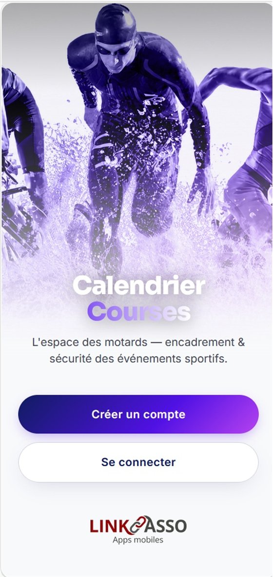 Écran d'accueil de l'application Calendrier Courses, avec les boutons Créer un compte et Se connecter