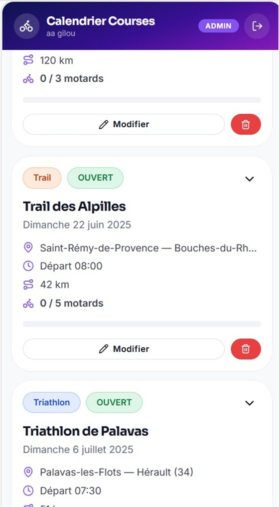 Liste des courses à venir : Trail des Alpilles et Triathlon de Palavas, avec lieu, distance et motards inscrits