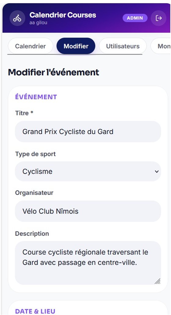 Formulaire de modification d'un événement : titre, type de sport, organisateur et description