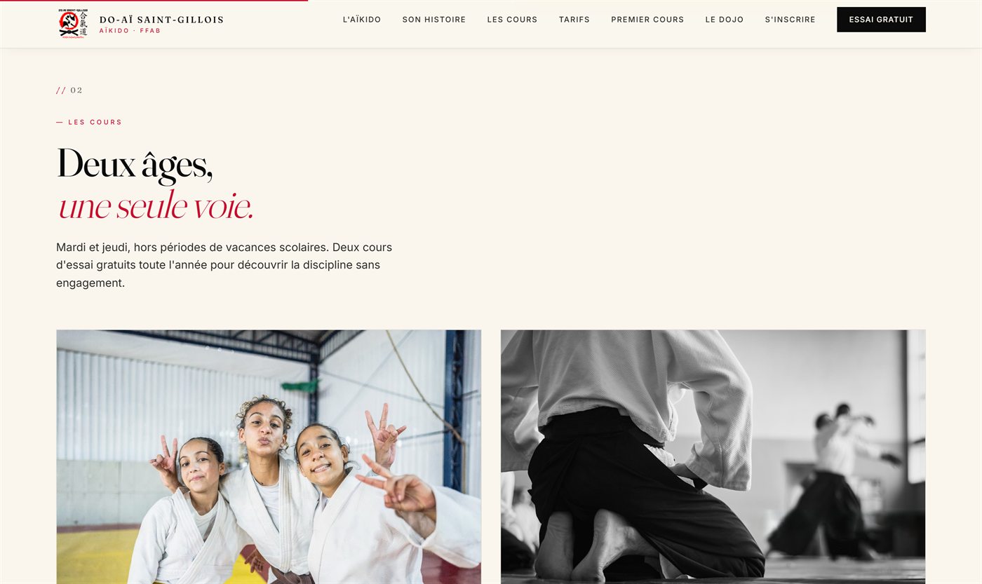 Section Les cours du site : titre Deux âges, une seule voie, et deux photos du dojo