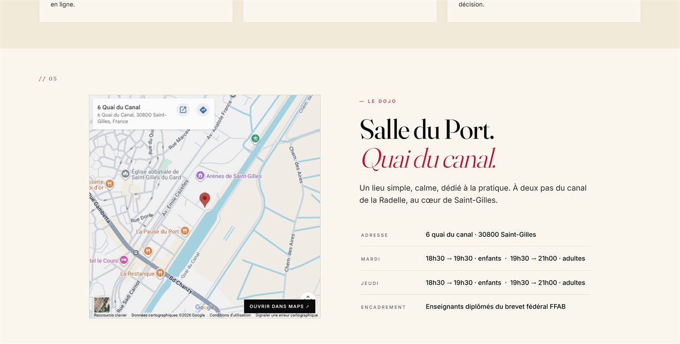 Section Le dojo du site : plan d'accès à la Salle du Port et tableau des horaires