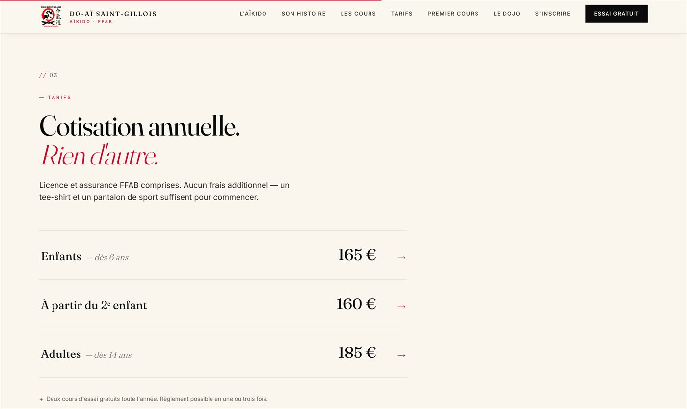 Section Tarifs du site : 165 € enfants, 160 € à partir du deuxième enfant, 185 € adultes